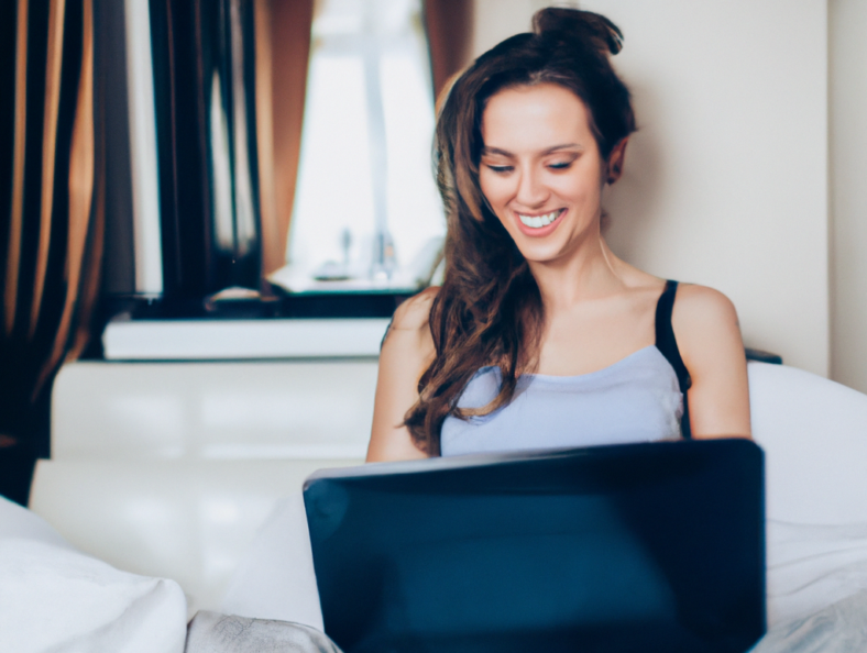 A woman, sit in a bed with a laptop, creating social profile online and smiling